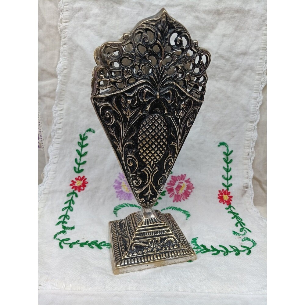 Vintage Ornate Art Deco Silver Metal Fan Vase 9”